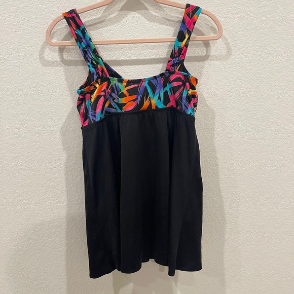 Longitude Black Tankini Swim Top Tie Front Abstract Print Size 14 - Picture 2 of 6